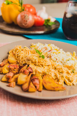 Delicious Homemade Classic Food Brazilian Dish Plate Menu Lunch Breakfast Rice Beans Pasta Sausage Shrimp on the Table