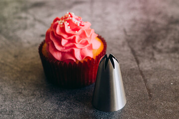 Delicious cupcakes. Cupcakes and confectionery attachments for cream. Cupcakes on a concrete table 
