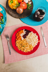 Delicious Homemade Classic Food Brazilian Dish Plate Menu Lunch Breakfast Rice Beans Pasta Sausage Shrimp on the Table