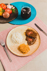 Delicious Homemade Classic Food Brazilian Dish Plate Menu Lunch Breakfast Rice Beans Pasta Sausage Shrimp on the Table