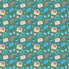 Seamless pattern with beautiful spring decor on a dark green background. Dragonfly, envelope, flowers in a watercolor style. Art in children's cartoon style. Raster illustration, hand drawing