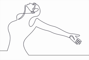 Continuous line art or One Line Drawing of a woman stretching arms is relaxing picture vector illustration - obrazy, fototapety, plakaty