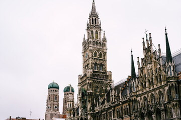 Fototapeta na wymiar Gothic spires of the new town hall at Marienplatz. Munich