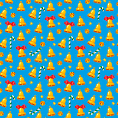 Christmas pattern with golden bells, sweet bells and red bows. Seamless cartoon cute pattern of bells on a blue background. New Year, children's funny illustration, freehand drawing. Children's print.