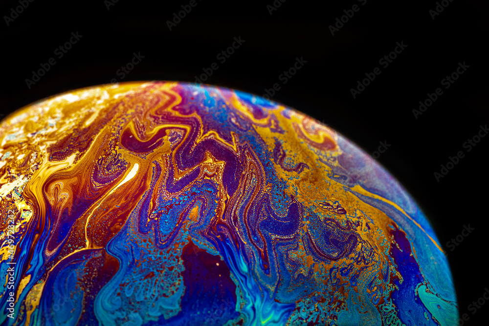 Wall mural virtual reality space with abstract multicolor psychedelic planet. closeup soap bubble like an alien