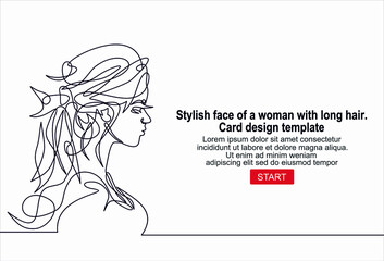 Stylish face of a woman with long hair. Card design template.Continuous line drawing of Portrait of a Beautiful Woman's face.
