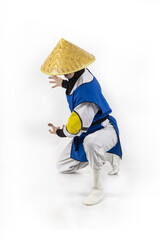 Cosplay based on the movie. Shaolin monk god of thunder and lightning on a white background. A deadly fight.
