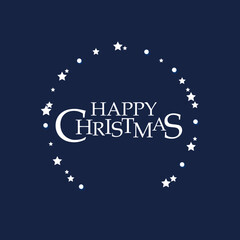 Fototapeta na wymiar Happy Christmas, vector hand lettering. White letters in a circle of stars and balls on the blue background. Celebration card. Typography for winter holidays. Vector illustration, style calligraphy