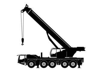 Silhouette of heavy telescopic mobile crane. Side view. Flat vector.