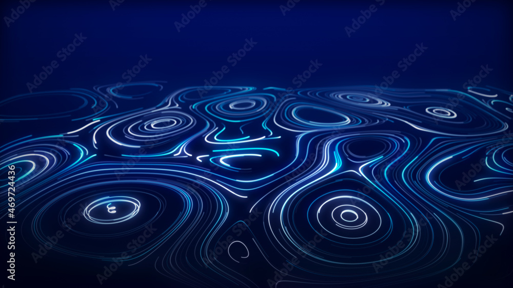 Poster a flow of smooth swirling vortices. glowing coils of turbulence on a blue background. abstract digit