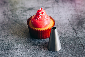 Delicious cupcakes. Cupcakes and confectionery attachments for cream. Cupcakes on a concrete table 