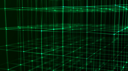 Technology blockchain concept. Dynamic movement of a digital data stream. Network connections structure. Big data visualization. 3D rendering.