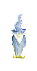 Watercolor drawing of a gnome in pointed, blue, curved witch hat, Isolated on white background. Festive gnome wizard.