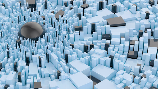 Abstract geometric background with square extrude and black sphere. Blue and black materials. 3D rendering.