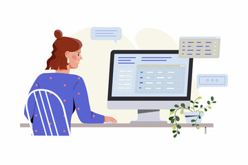 Fototapeta premium Big data concept. Girl sits in front of monitor in office. Research, data analysis, digital archive search, marketing, company. Analytical department of company. Cartoon flat vector illustration