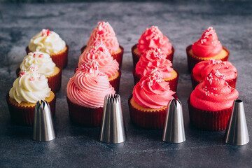Delicious cupcakes. Cupcakes and confectionery attachments for cream. Cupcakes on a concrete table 