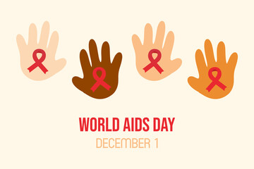 World AIDS Day vector card, illustration with people’s hands holding red ribbons, symbol, emblem of HIV awareness. December 1.
