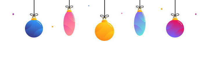 Cute and colorful christmas ornaments, balls, toys hanging on ropes. Vector illustration, banner, header for winter holidays design.
