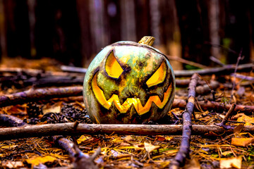 Smiling Halloween pumpkin head on a stump in front of twilight pine forest background. Celebration theme, text space.