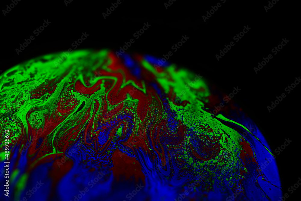 Wall mural virtual reality space with abstract multicolor psychedelic planet. closeup soap bubble like an alien