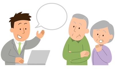 シニア夫婦に説明する会社員1
