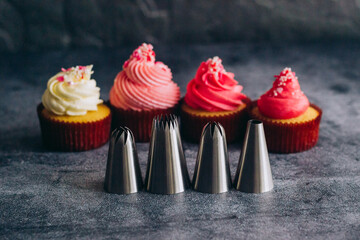 Delicious cupcakes. Cupcakes and confectionery attachments for cream. Cupcakes on a concrete table 