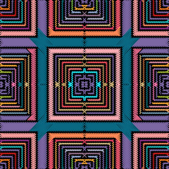 Colorful textured plaid tartan seamless pattern. Bright ornamental checkered grid background. Tapestry embroidery style zigzag ornament. Tribal ethnic repeat vector backdrop. Stripes, squares, zigzag