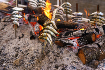 Skewer with sardines grilled on fire. Typical Rural Spanish Barbecue.
