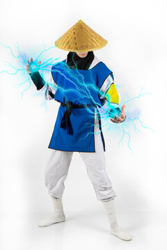 Cosplay based on the movie. Shaolin monk god of thunder and lightning on a white background. A deadly fight.
