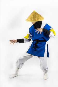 Cosplay based on the movie. Shaolin monk god of thunder and lightning on a white background. A deadly fight.
