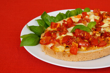 delicious large Italian bruschetta with mozzarella, garlic, olive oil and basil leaves on a plate	