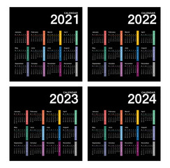 Year 2021 and Year 2022 and Year 2023 and Year 2024 calendar vector design template, simple and clean design. Calendar for 2022 and 2023 on White Background for organization and business. 