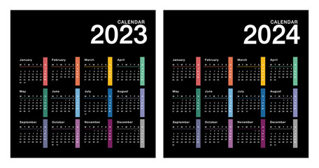 Colorful Year 2023 and Year 2024 calendar horizontal vector design template, simple and clean design. Calendar for 2023 and 2024 on White Background for organization and business. Week Starts Monday.