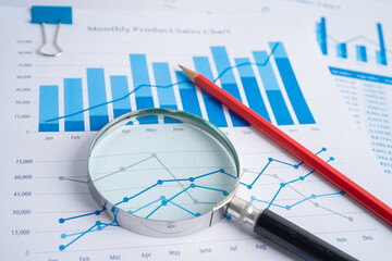 Magnifying glass on charts graphs paper. Financial development, Banking Account, Statistics, Investment Analytic research data economy, Stock exchange trading, Business office company meeting concept.