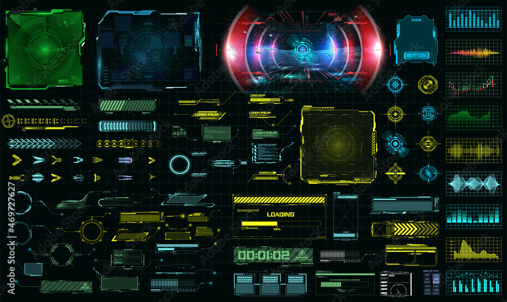 Poster sci-fi futuristic hud dashboard display virtual reality technology screen. big collection hud, gui e