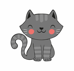 Cute grey cat. Pet sits and smiles. Icons and stickers for children, graphic elements for websites and social networks. Charming, comfort, coziness, sweet character. Cartoon flat vector illustration