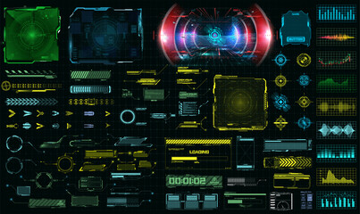 Sci-fi futuristic hud dashboard display virtual reality technology screen. Big collection HUD, GUI elements for VR, FUI design. Futuristic User Interface set. Statistics, data information infographic