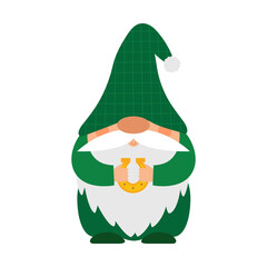 A small bearded dwarf in a green checkered hat holds a horseshoe in his hands. A symbol of good luck. A little gnome, a cute cartoon character in a flat style. Vector illustration isolated on white.