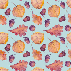 Watercolor seamless pattern autumn oak and aspen leaves