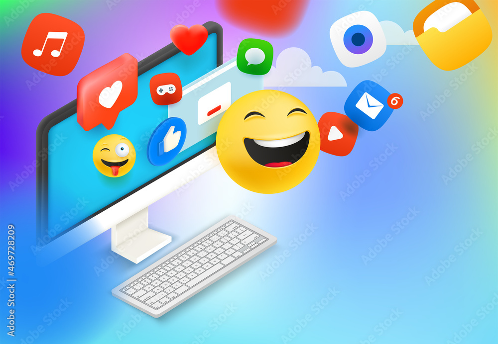 Poster Using social media applications via modern pc. Vector concept