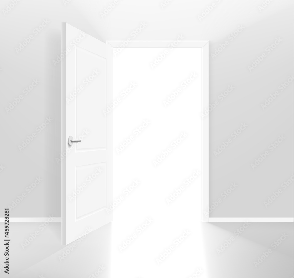 Poster Opened door with shining way. Realistic 3d style vector banner with copy space