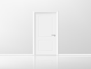 Closed door in bright interior with mirror on a floor. Realistic 3d style vector illustration