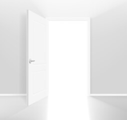 Opened door with shining way. Realistic 3d style vector banner with copy space