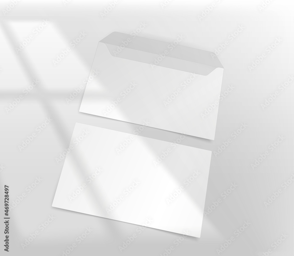 Poster White paper envelope on a table with light of the window shadow overlay. Realistic vector mockup with sun flare effect