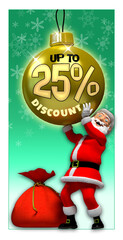 Santa claus Christmas tag announcing discount, 25% off and sale advertisment, customer shop