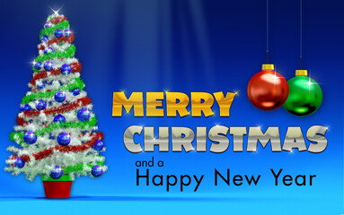 Cute card with white christmas tree wishing a merry christmas and happy new year. 3d art