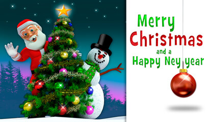 Cute card with christmas tree, snowman and santa claus wishing a merry christmas and happy new year. 3d art