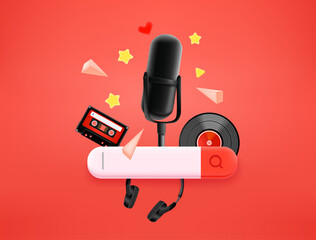 Searching for a music concept with search tab. 3d style vector illustration