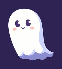 Cute ghost sticker. Graphic elements for social networks, halloween, horror, fear. Mystical characters for children. White spirit flies, motion. Emoji, badge. Cartoon flat vector illustration