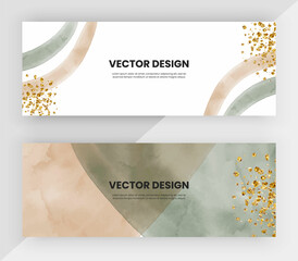 Web banners with brown and green watercolor and golden glitter texture. Vector design

